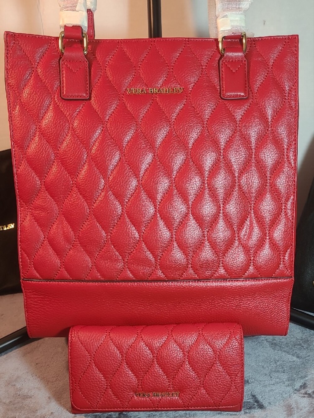 Red Leather Tote Nora Tango, Vera Bradley Quilted Matching Wallet, Dustbags NWT
